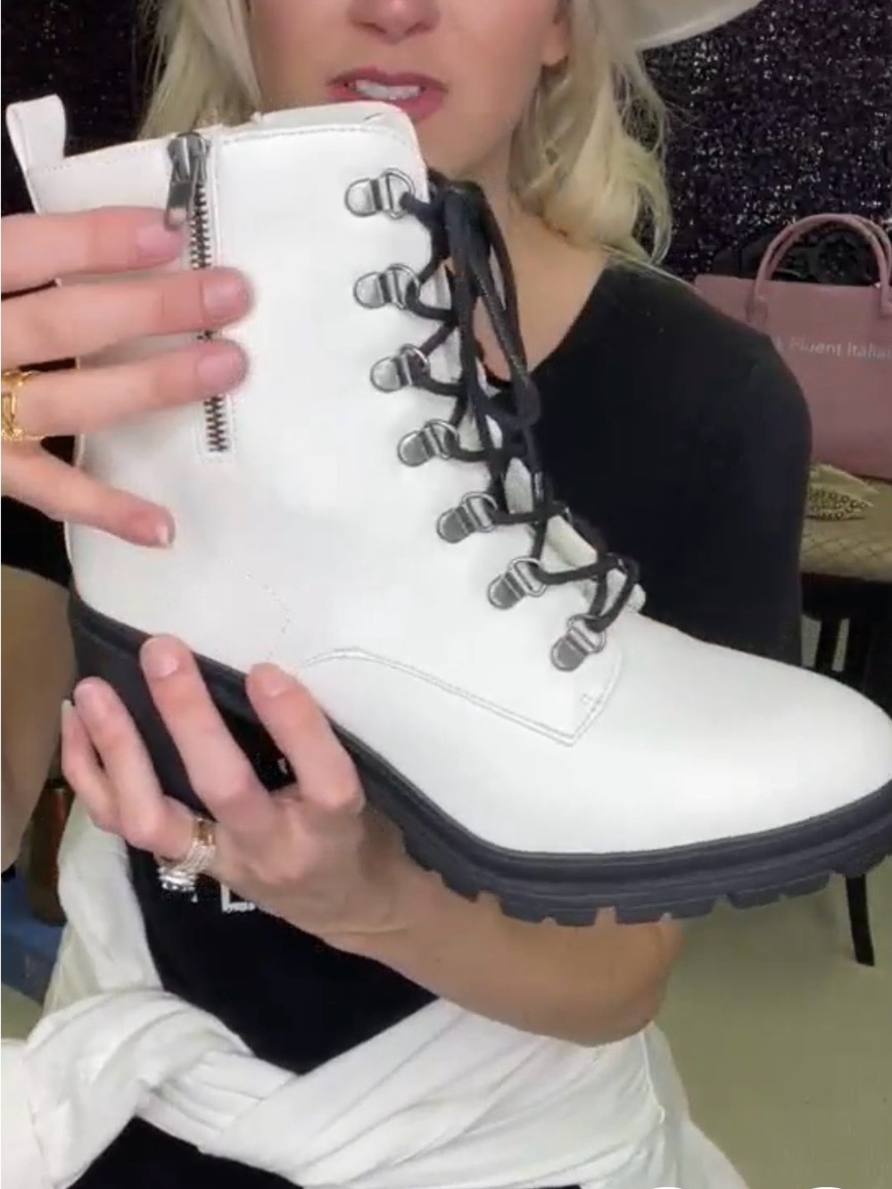 Jellypop White Lace-Up Combat Boot with Side Zip